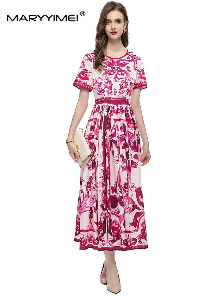 MARYYIMEI Spring Summer Fashion Vintage Women's dress Short Sleeved Red Porcelain Printing Holiday Long Dresses - PratSN