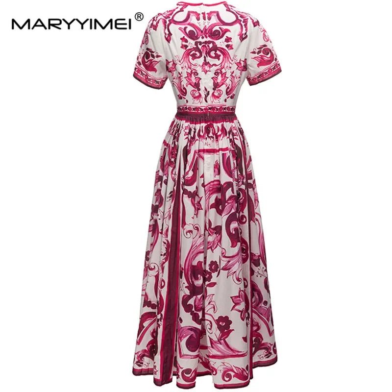 MARYYIMEI Spring Summer Fashion Vintage Women's dress Short Sleeved Red Porcelain Printing Holiday Long Dresses - PratSN