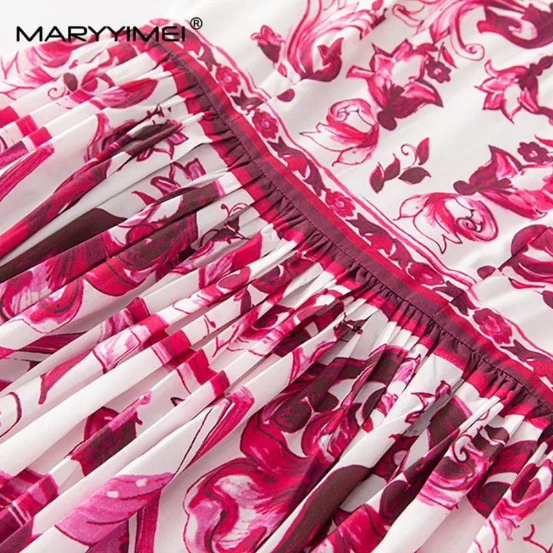 MARYYIMEI Spring Summer Fashion Vintage Women's dress Short Sleeved Red Porcelain Printing Holiday Long Dresses - PratSN