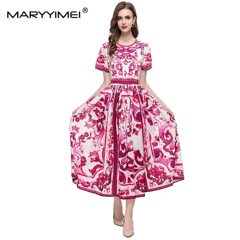 MARYYIMEI Spring Summer Fashion Vintage Women's dress Short Sleeved Red Porcelain Printing Holiday Long Dresses - PratSN
