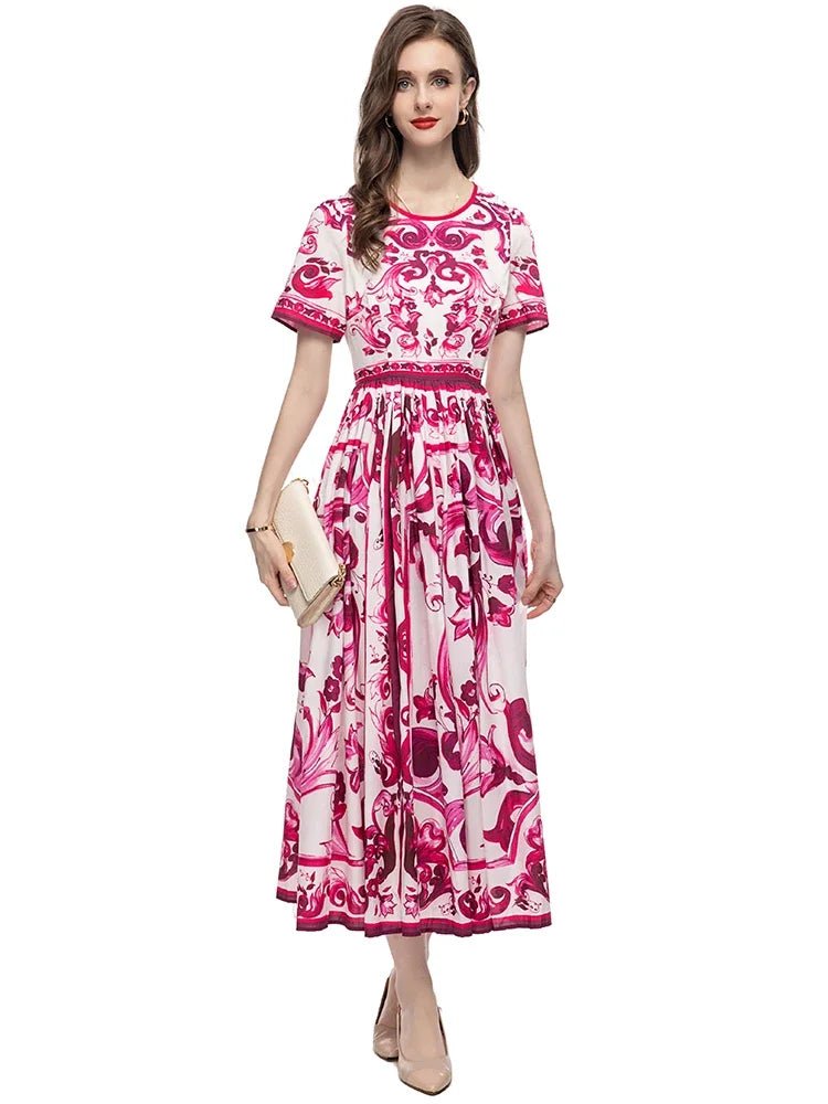 MARYYIMEI Spring Summer Fashion Vintage Women's dress Short Sleeved Red Porcelain Printing Holiday Long Dresses - PratSN