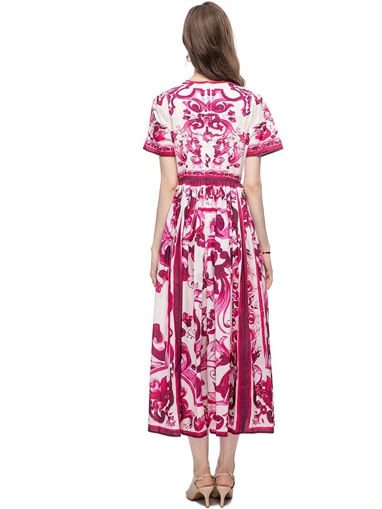 MARYYIMEI Spring Summer Fashion Vintage Women's dress Short Sleeved Red Porcelain Printing Holiday Long Dresses - PratSN