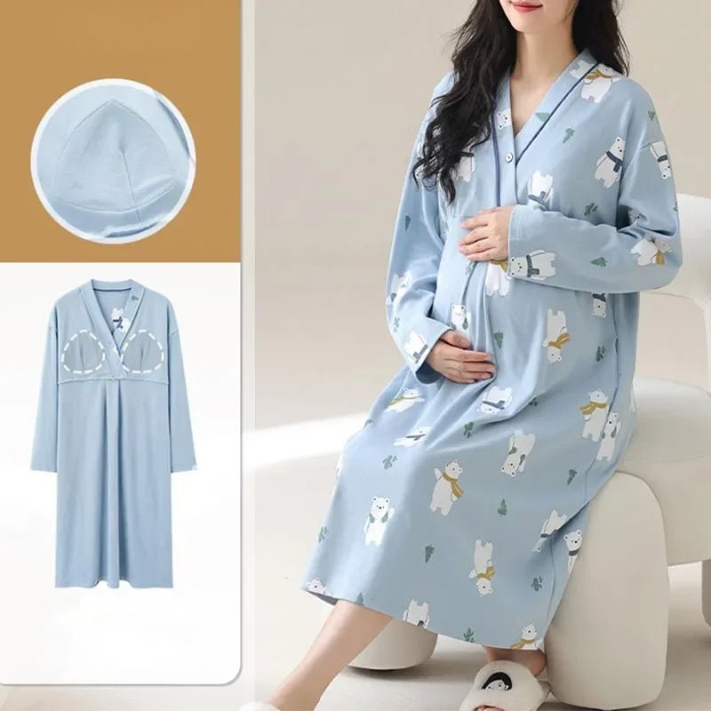 Maternity Spring and Autumn Cotton Nursing Nightdress for Maternity Floral Printed Sleepwear Pregnancy Home Hospital Wear Lounge - PratSN
