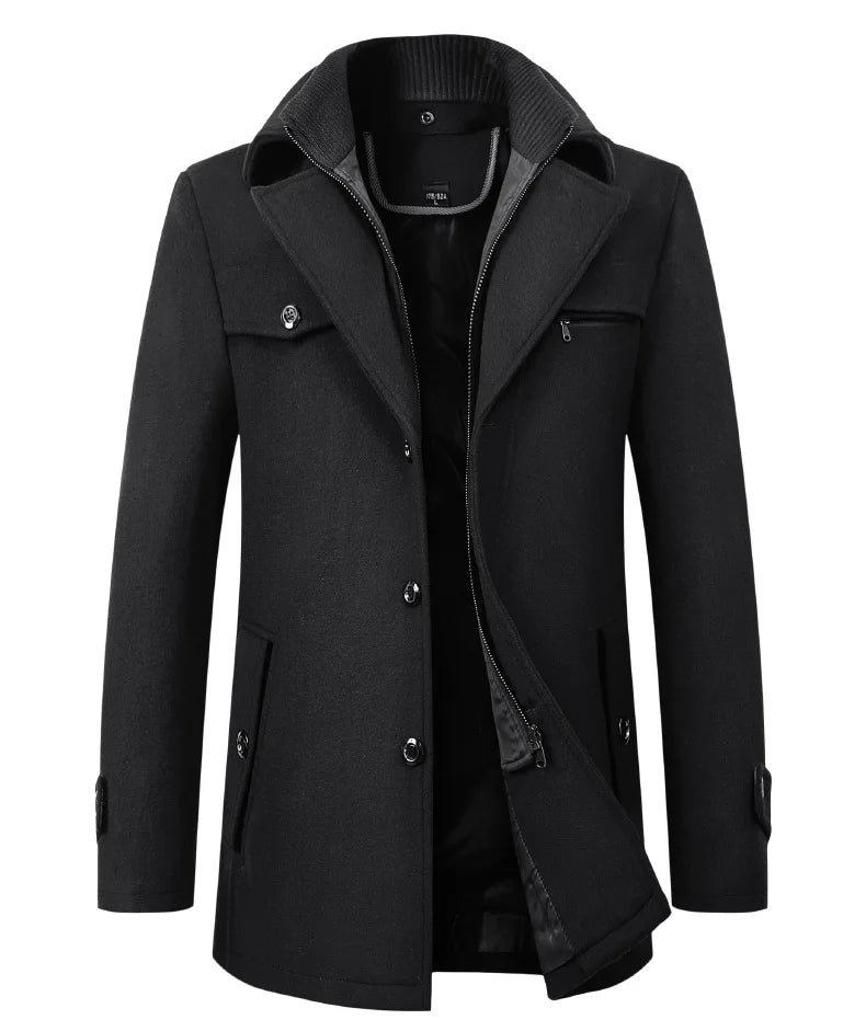 Maz2111 - Fall Winter Double Collar Woolen Men's Coat Casual Long Cotton Padded Men's Windbreaker - PratSN
