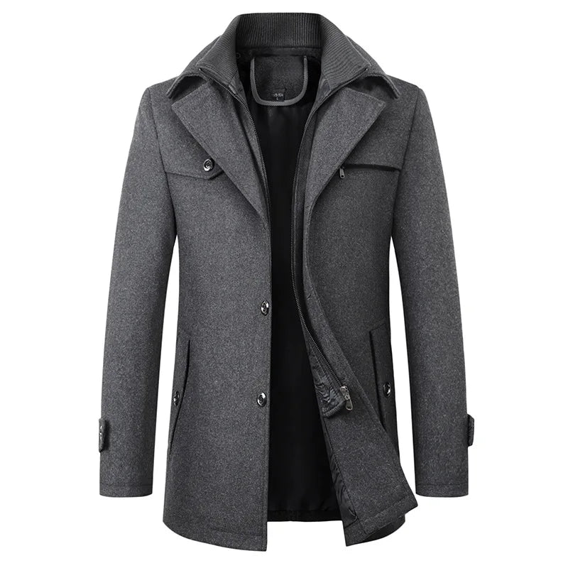 Maz2111 - Fall Winter Double Collar Woolen Men's Coat Casual Long Cotton Padded Men's Windbreaker - PratSN