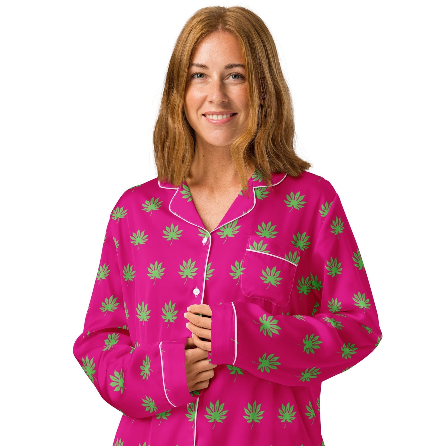 Medium voilet red leaf pattern sleep wear - women’s long sleeve pajama top - PratSN