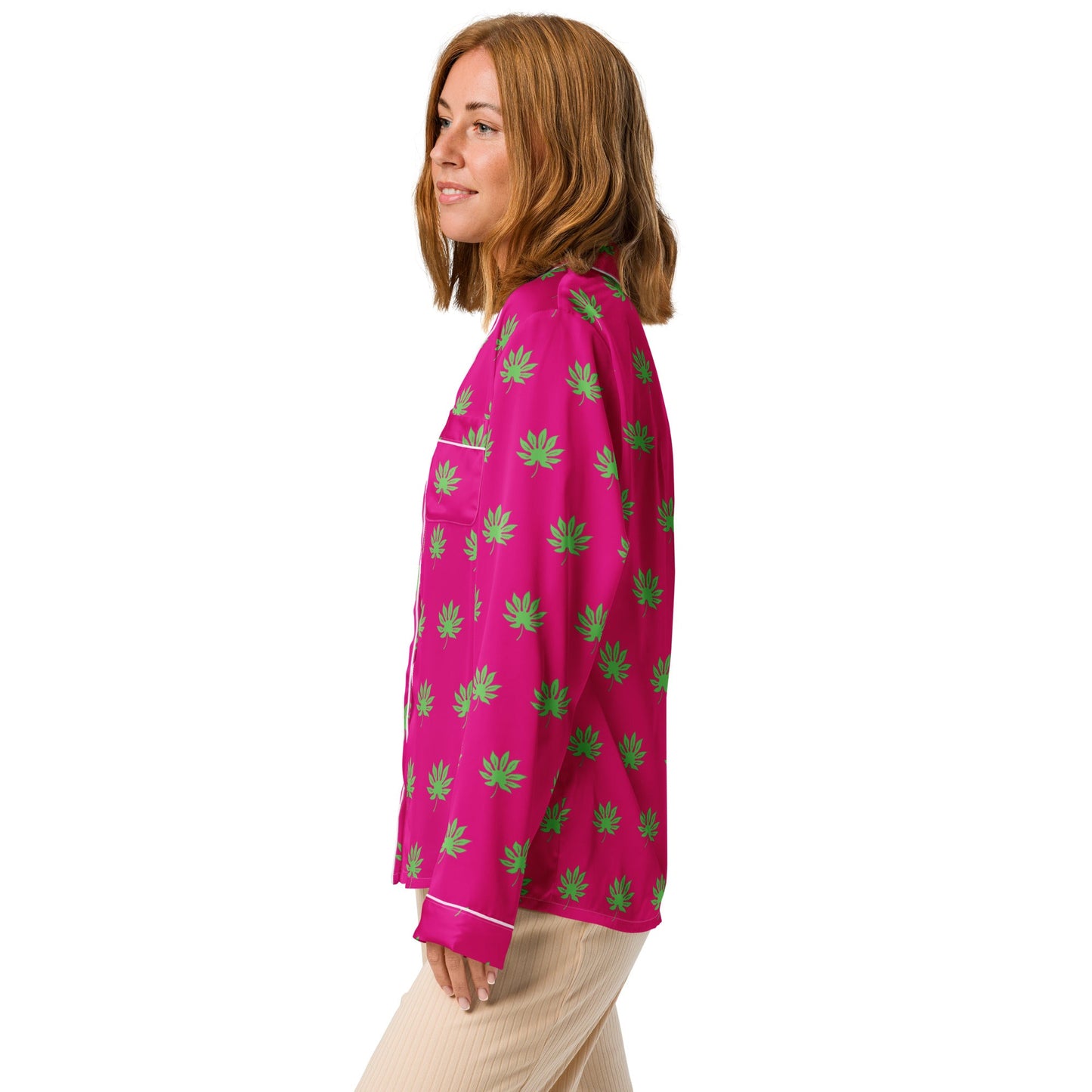 Medium voilet red leaf pattern sleep wear - women’s long sleeve pajama top - PratSN