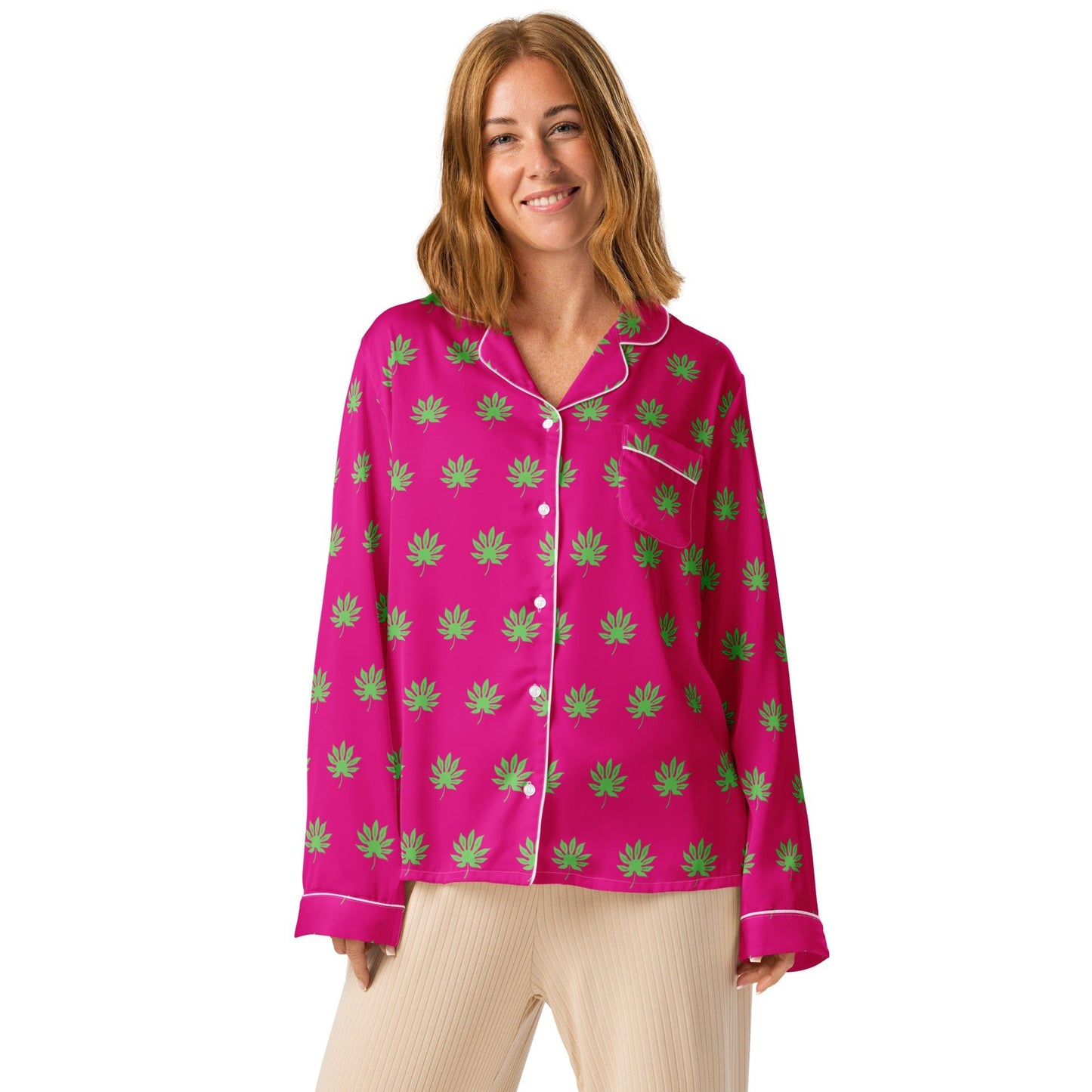 Medium voilet red leaf pattern sleep wear - women’s long sleeve pajama top - PratSN