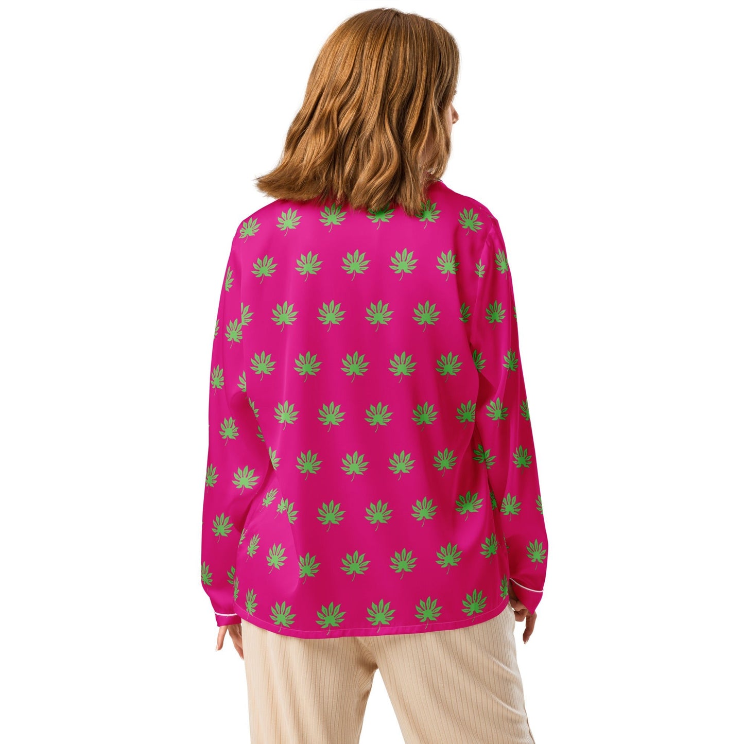 Medium voilet red leaf pattern sleep wear - women’s long sleeve pajama top - PratSN