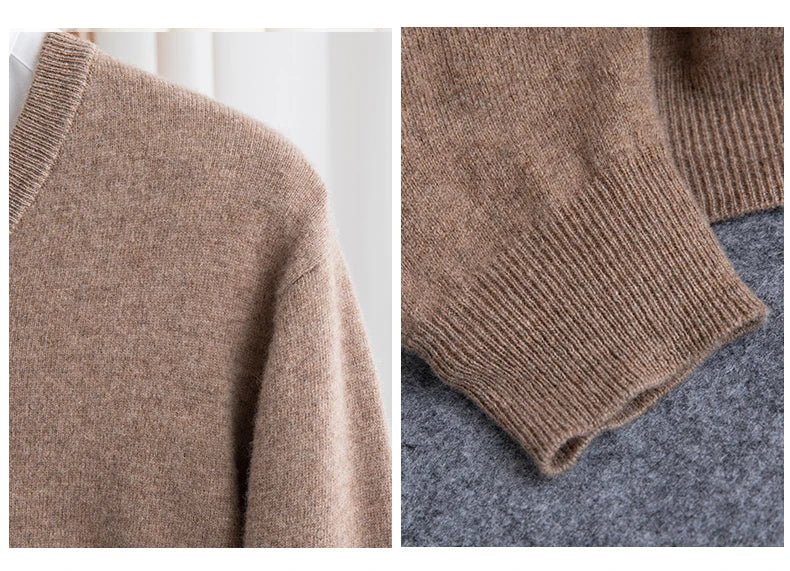 Men 100% Merino Wool Sweater V - Neck Pullover Autumn Winter Cashmere Warm Solid Knitwear Clothes Business Bottoming Soft Tops - PratSN