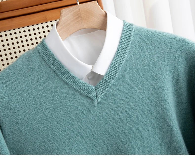 Men 100% Merino Wool Sweater V - Neck Pullover Autumn Winter Cashmere Warm Solid Knitwear Clothes Business Bottoming Soft Tops - PratSN