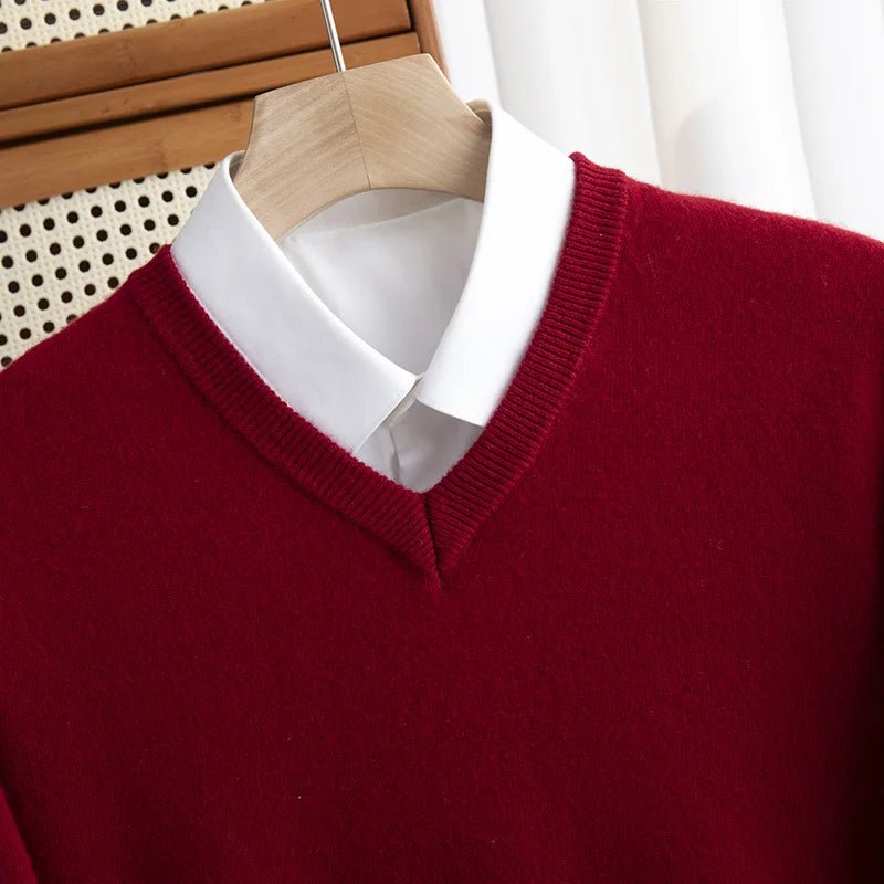 Men 100% Merino Wool Sweater V - Neck Pullover Autumn Winter Cashmere Warm Solid Knitwear Clothes Business Bottoming Soft Tops - PratSN