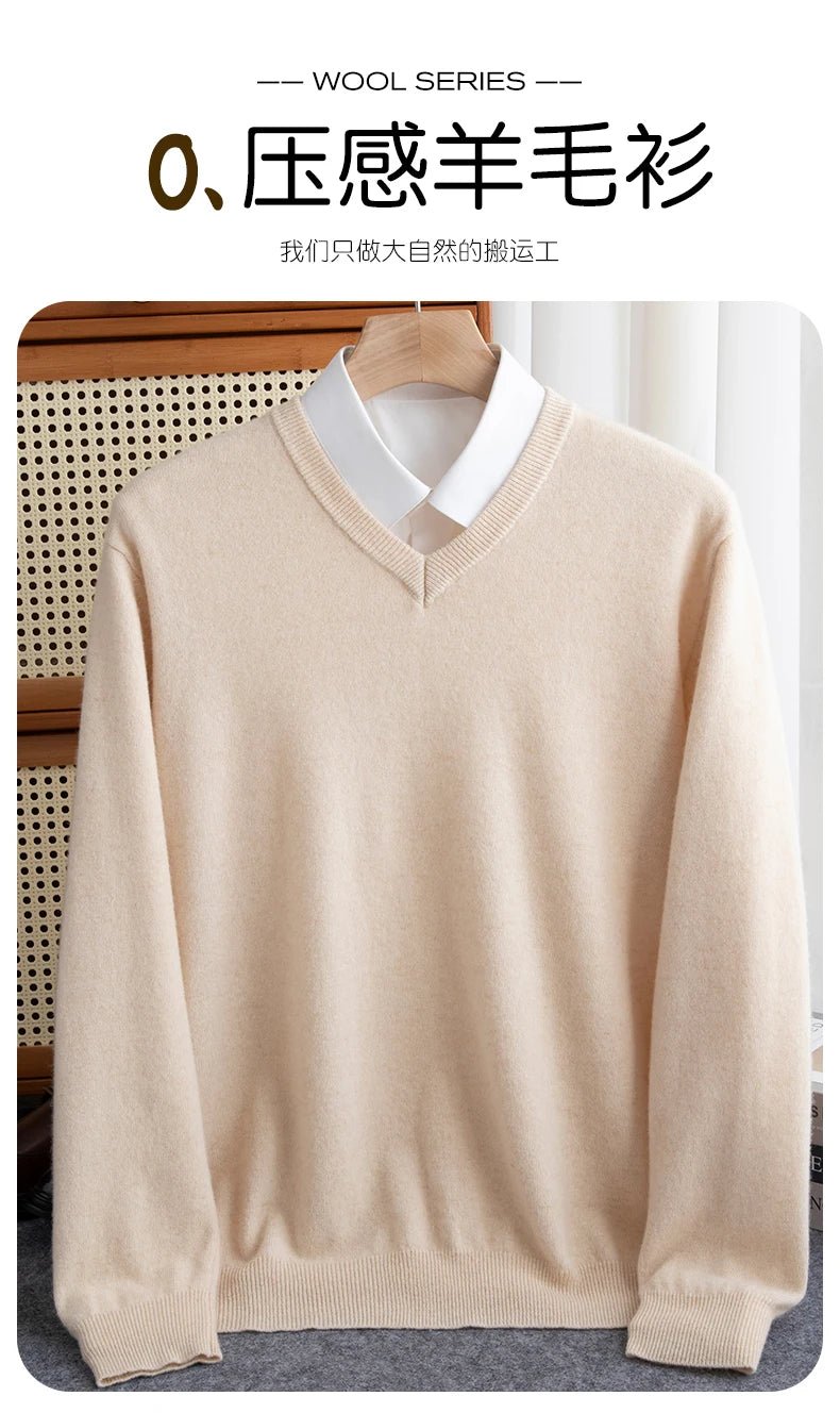 Men 100% Merino Wool Sweater V - Neck Pullover Autumn Winter Cashmere Warm Solid Knitwear Clothes Business Bottoming Soft Tops - PratSN