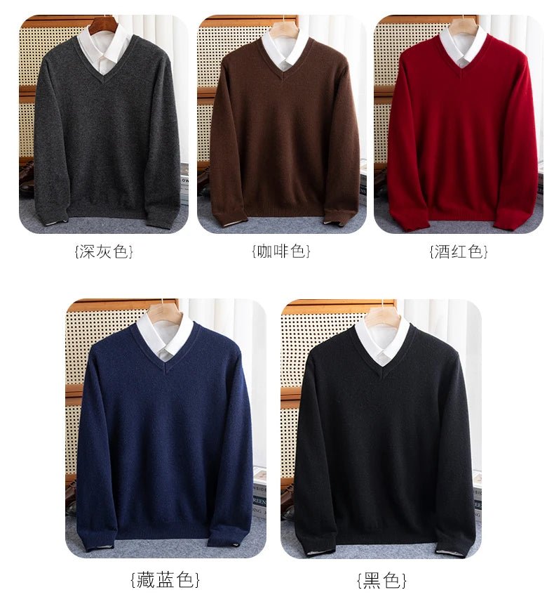 Men 100% Merino Wool Sweater V - Neck Pullover Autumn Winter Cashmere Warm Solid Knitwear Clothes Business Bottoming Soft Tops - PratSN