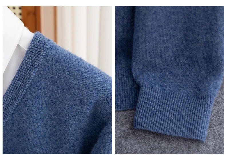 Men 100% Merino Wool Sweater V - Neck Pullover Autumn Winter Cashmere Warm Solid Knitwear Clothes Business Bottoming Soft Tops - PratSN