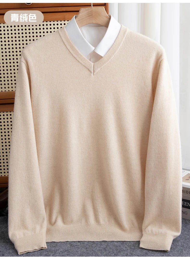 Men 100% Merino Wool Sweater V - Neck Pullover Autumn Winter Cashmere Warm Solid Knitwear Clothes Business Bottoming Soft Tops - PratSN
