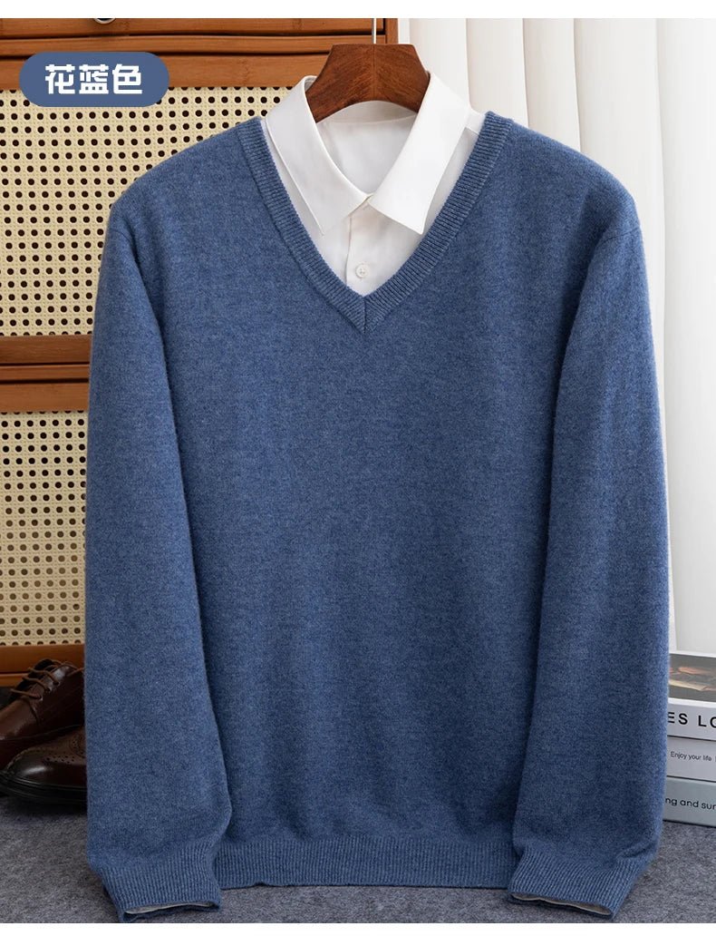 Men 100% Merino Wool Sweater V - Neck Pullover Autumn Winter Cashmere Warm Solid Knitwear Clothes Business Bottoming Soft Tops - PratSN