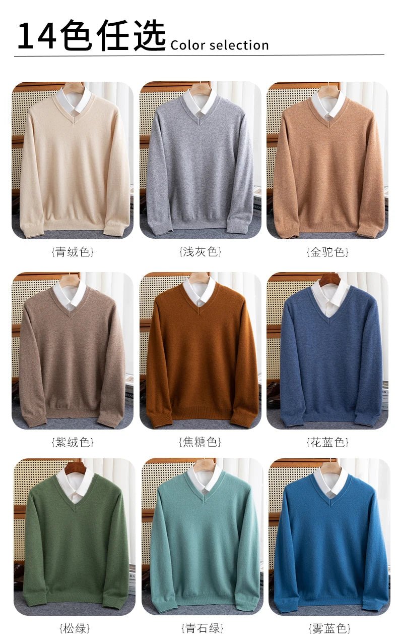Men 100% Merino Wool Sweater V - Neck Pullover Autumn Winter Cashmere Warm Solid Knitwear Clothes Business Bottoming Soft Tops - PratSN