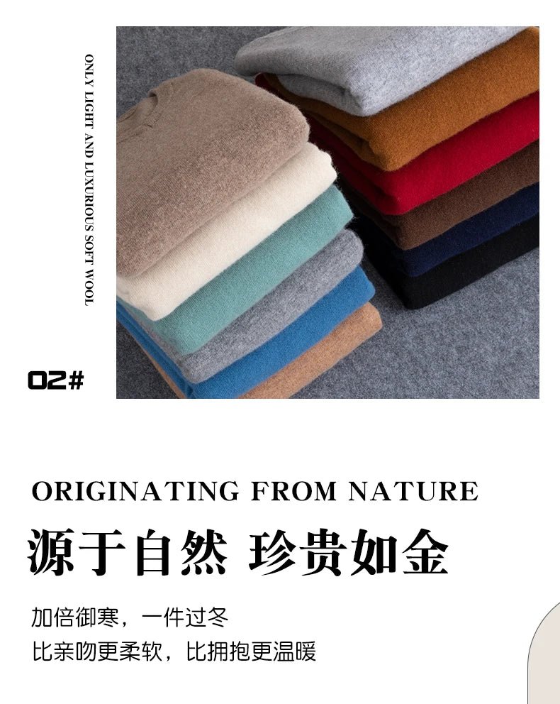 Men 100% Merino Wool Sweater V - Neck Pullover Autumn Winter Cashmere Warm Solid Knitwear Clothes Business Bottoming Soft Tops - PratSN