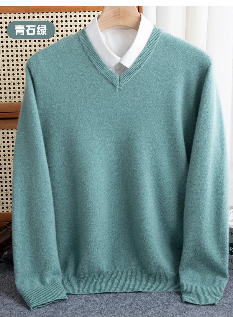 Men 100% Merino Wool Sweater V - Neck Pullover Autumn Winter Cashmere Warm Solid Knitwear Clothes Business Bottoming Soft Tops - PratSN