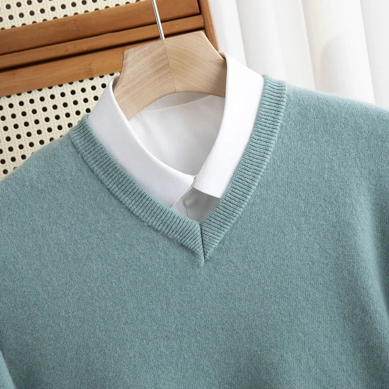 Men 100% Merino Wool Sweater V - Neck Pullover Autumn Winter Cashmere Warm Solid Knitwear Clothes Business Bottoming Soft Tops - PratSN