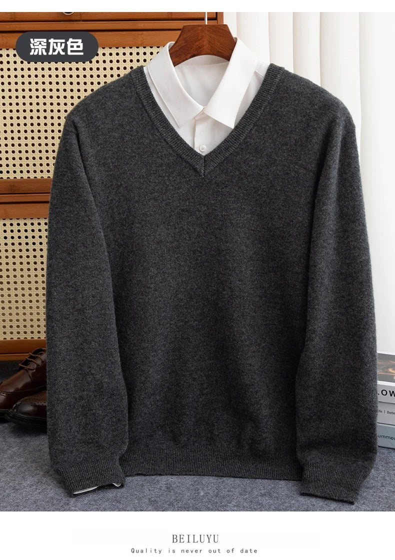 Men 100% Merino Wool Sweater V - Neck Pullover Autumn Winter Cashmere Warm Solid Knitwear Clothes Business Bottoming Soft Tops - PratSN