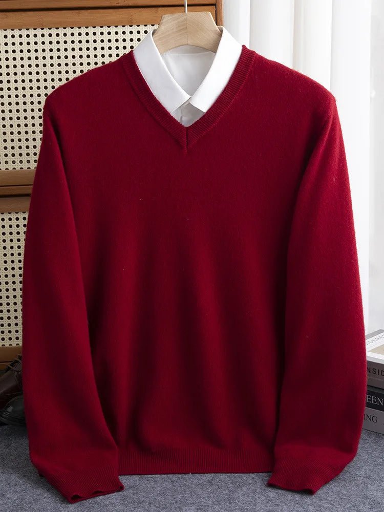 Men 100% Merino Wool Sweater V - Neck Pullover Autumn Winter Cashmere Warm Solid Knitwear Clothes Business Bottoming Soft Tops - PratSN