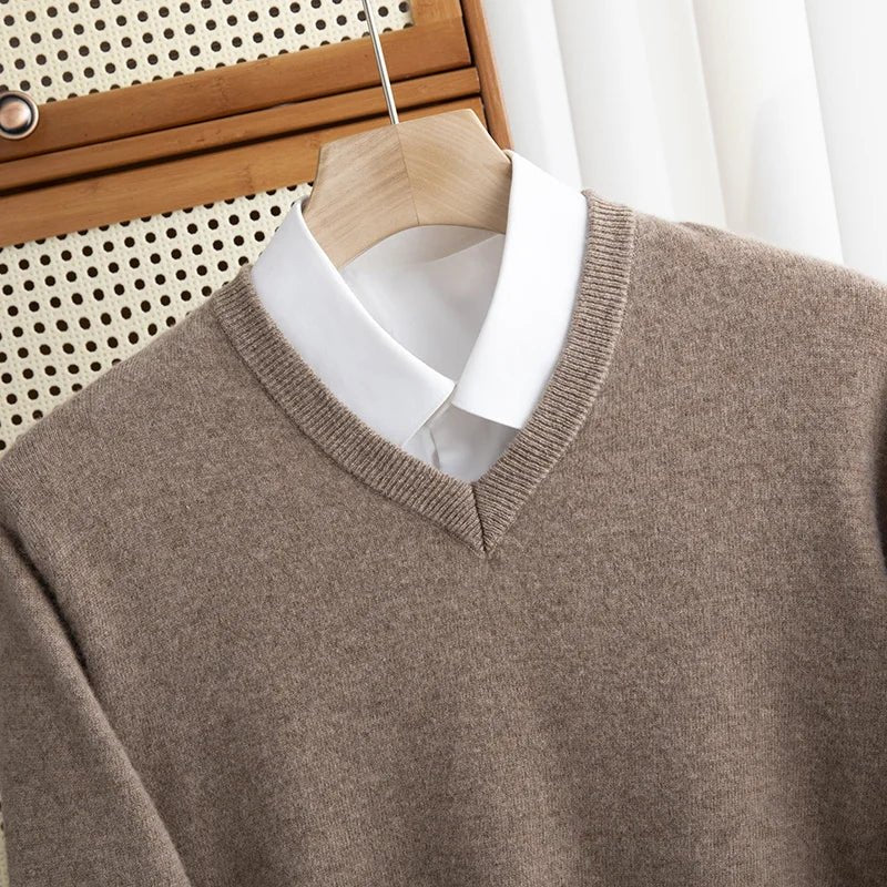 Men 100% Merino Wool Sweater V - Neck Pullover Autumn Winter Cashmere Warm Solid Knitwear Clothes Business Bottoming Soft Tops - PratSN