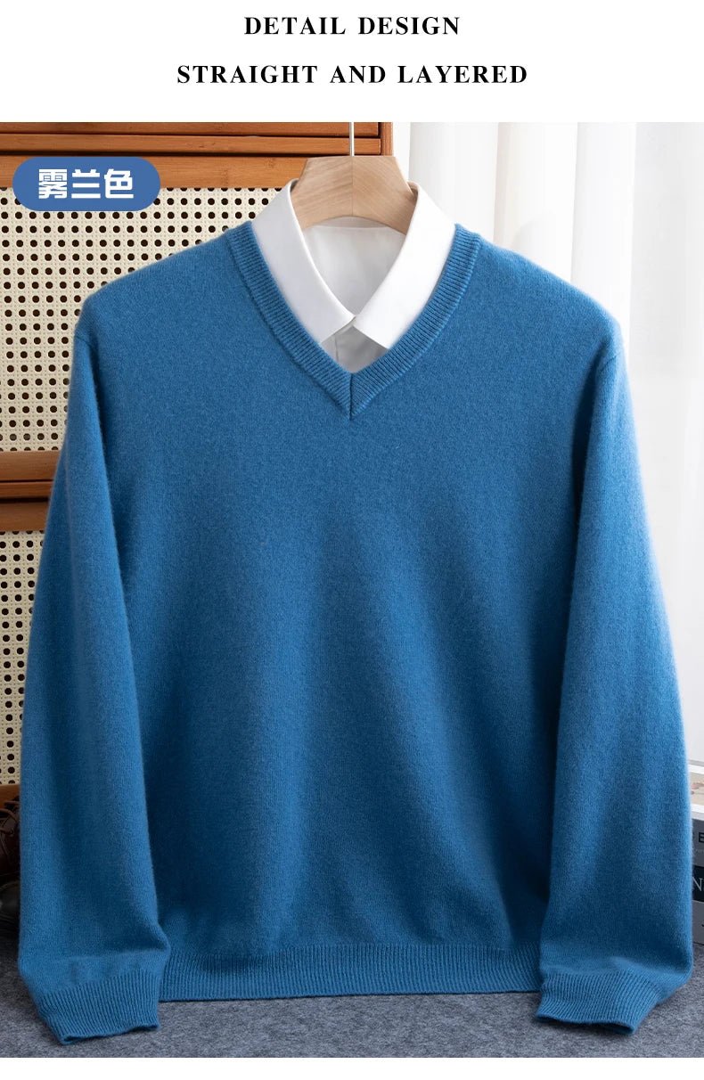 Men 100% Merino Wool Sweater V - Neck Pullover Autumn Winter Cashmere Warm Solid Knitwear Clothes Business Bottoming Soft Tops - PratSN