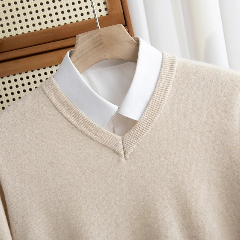 Men 100% Merino Wool Sweater V - Neck Pullover Autumn Winter Cashmere Warm Solid Knitwear Clothes Business Bottoming Soft Tops - PratSN