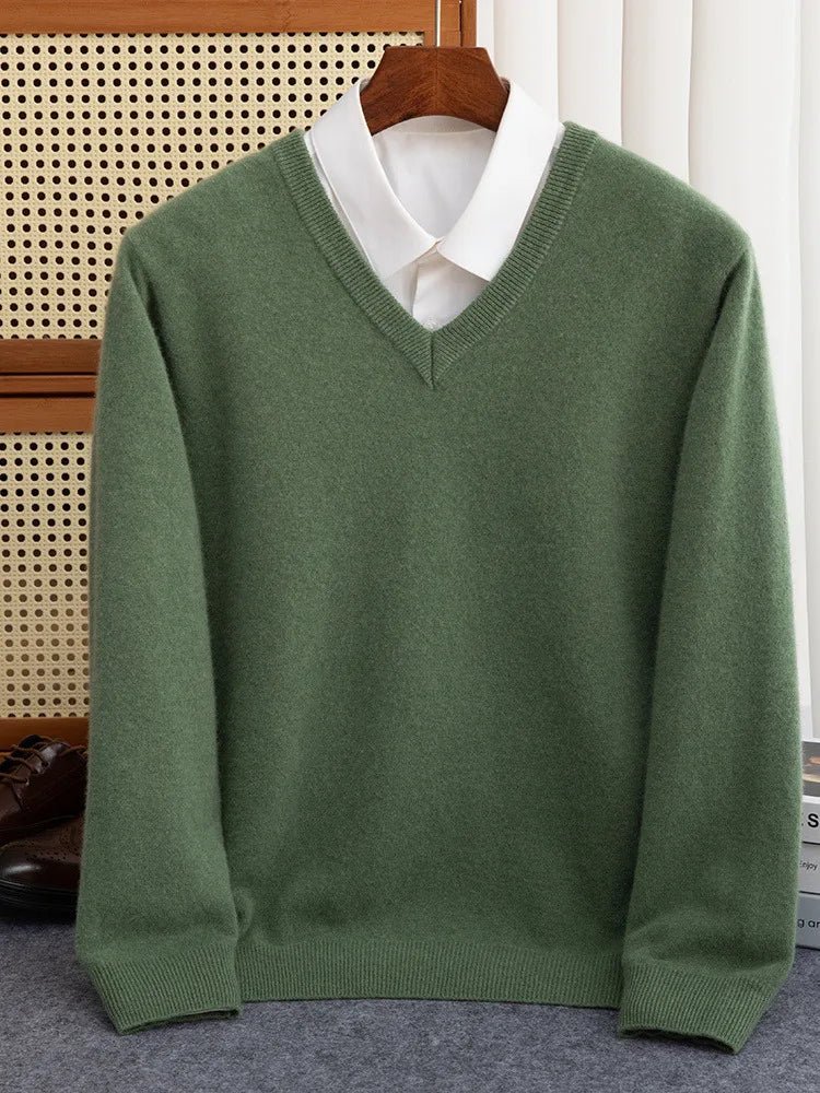 Men 100% Merino Wool Sweater V - Neck Pullover Autumn Winter Cashmere Warm Solid Knitwear Clothes Business Bottoming Soft Tops - PratSN