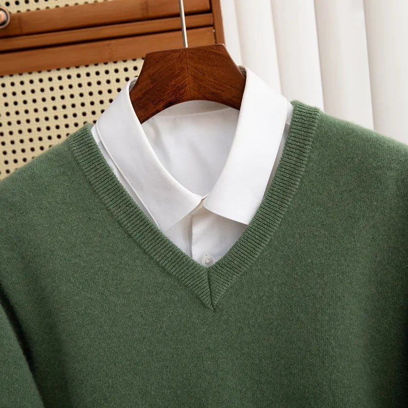 Men 100% Merino Wool Sweater V - Neck Pullover Autumn Winter Cashmere Warm Solid Knitwear Clothes Business Bottoming Soft Tops - PratSN