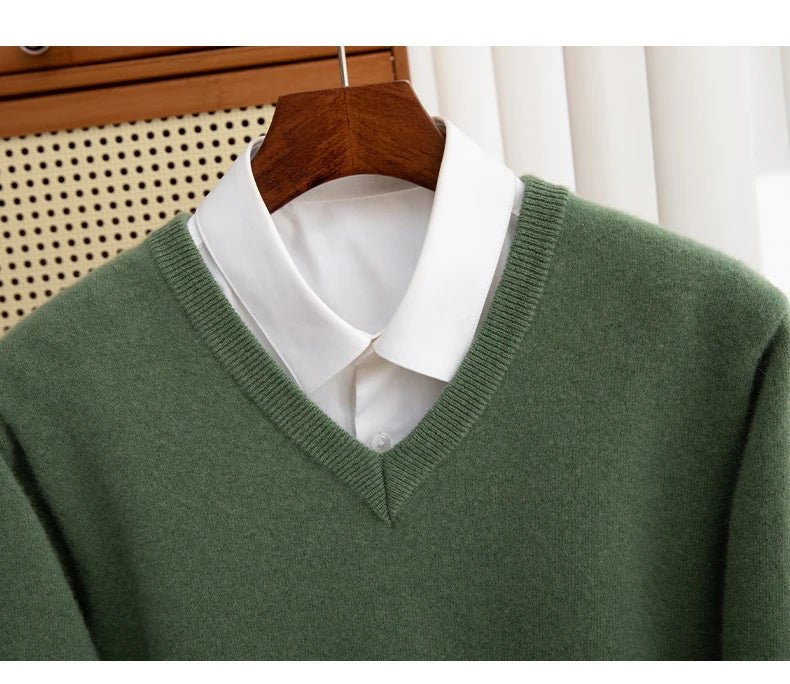 Men 100% Merino Wool Sweater V - Neck Pullover Autumn Winter Cashmere Warm Solid Knitwear Clothes Business Bottoming Soft Tops - PratSN