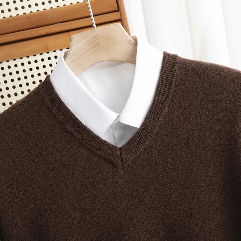 Men 100% Merino Wool Sweater V - Neck Pullover Autumn Winter Cashmere Warm Solid Knitwear Clothes Business Bottoming Soft Tops - PratSN