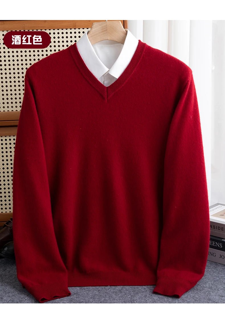 Men 100% Merino Wool Sweater V - Neck Pullover Autumn Winter Cashmere Warm Solid Knitwear Clothes Business Bottoming Soft Tops - PratSN