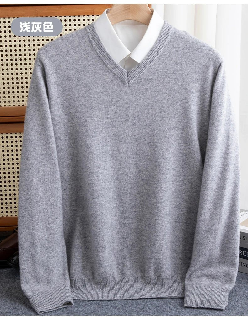 Men 100% Merino Wool Sweater V - Neck Pullover Autumn Winter Cashmere Warm Solid Knitwear Clothes Business Bottoming Soft Tops - PratSN
