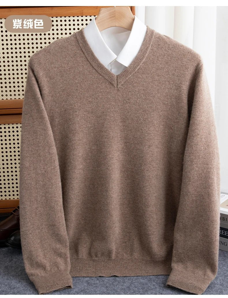 Men 100% Merino Wool Sweater V - Neck Pullover Autumn Winter Cashmere Warm Solid Knitwear Clothes Business Bottoming Soft Tops - PratSN