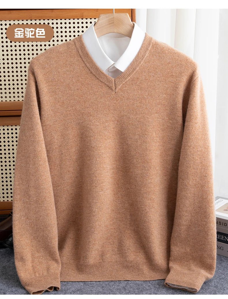 Men 100% Merino Wool Sweater V - Neck Pullover Autumn Winter Cashmere Warm Solid Knitwear Clothes Business Bottoming Soft Tops - PratSN
