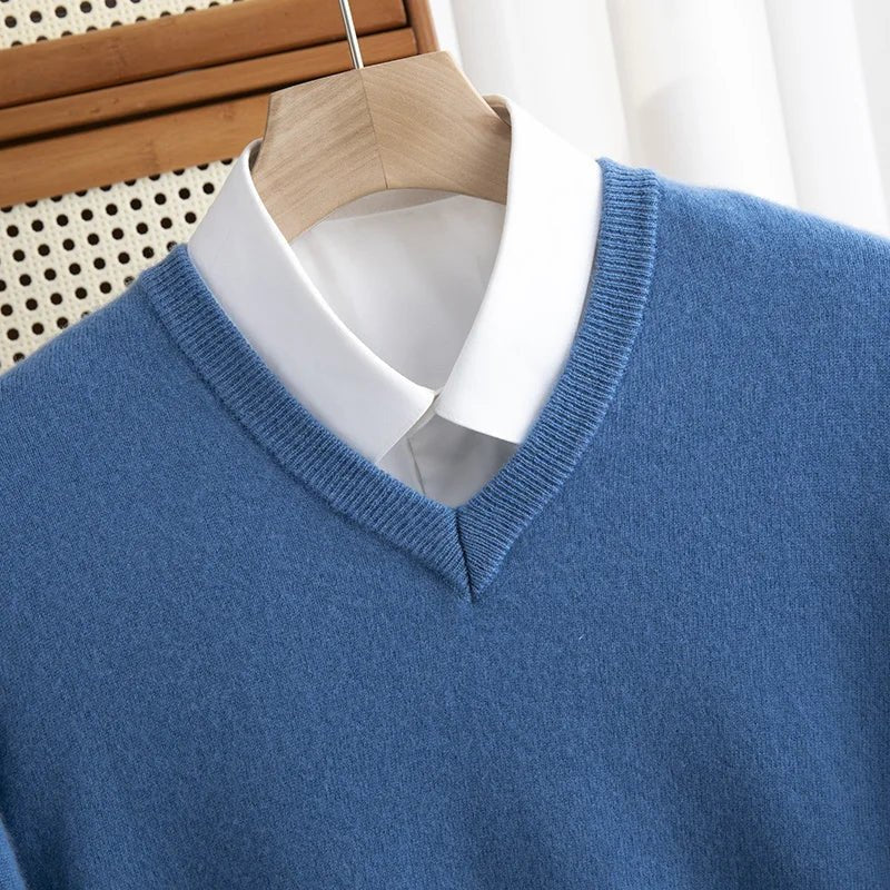 Men 100% Merino Wool Sweater V - Neck Pullover Autumn Winter Cashmere Warm Solid Knitwear Clothes Business Bottoming Soft Tops - PratSN