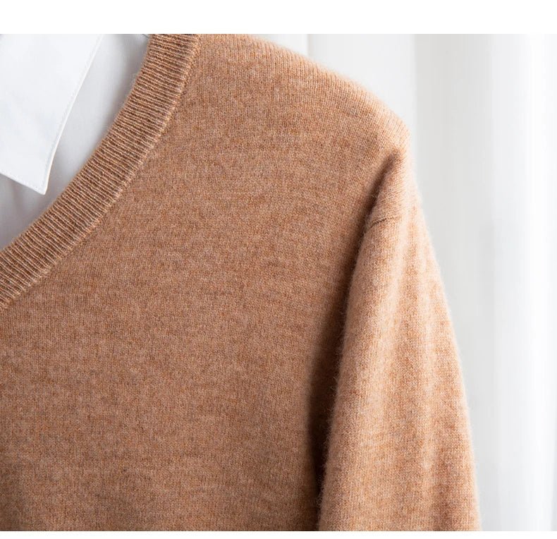 Men 100% Merino Wool Sweater V - Neck Pullover Autumn Winter Cashmere Warm Solid Knitwear Clothes Business Bottoming Soft Tops - PratSN