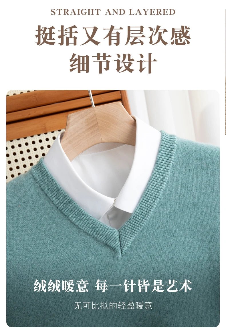 Men 100% Merino Wool Sweater V - Neck Pullover Autumn Winter Cashmere Warm Solid Knitwear Clothes Business Bottoming Soft Tops - PratSN