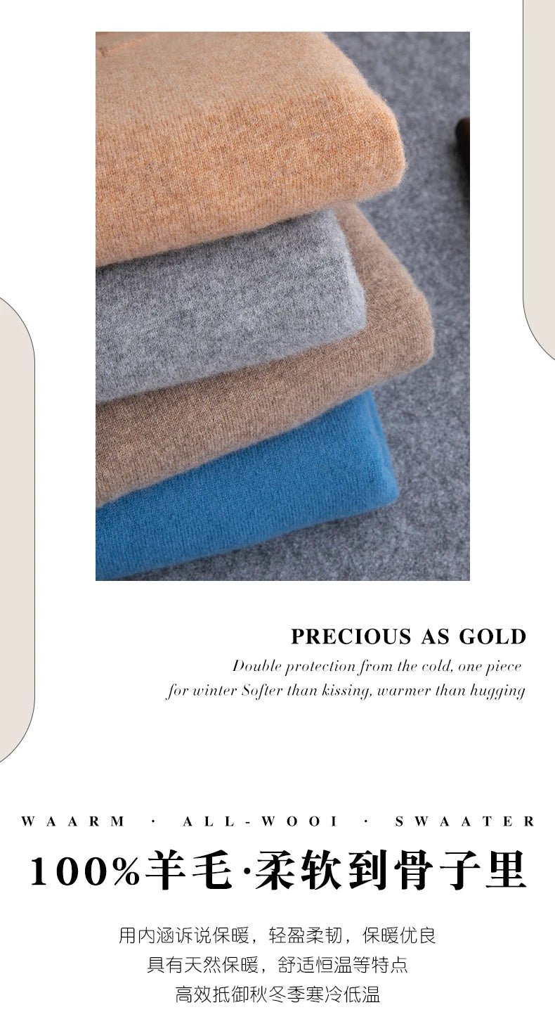 Men 100% Merino Wool Sweater V - Neck Pullover Autumn Winter Cashmere Warm Solid Knitwear Clothes Business Bottoming Soft Tops - PratSN