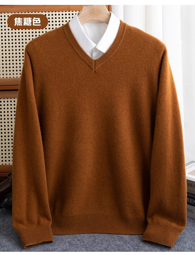 Men 100% Merino Wool Sweater V - Neck Pullover Autumn Winter Cashmere Warm Solid Knitwear Clothes Business Bottoming Soft Tops - PratSN