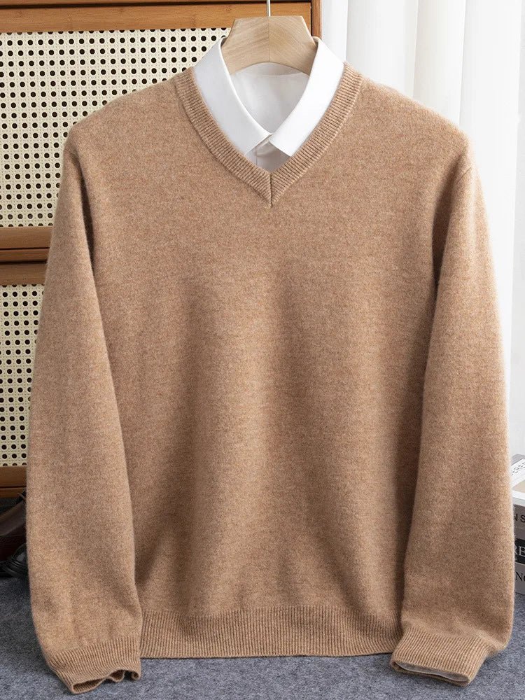 Men 100% Merino Wool Sweater V - Neck Pullover Autumn Winter Cashmere Warm Solid Knitwear Clothes Business Bottoming Soft Tops - PratSN