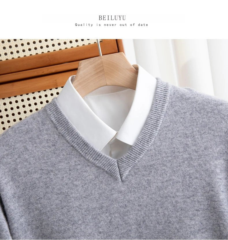 Men 100% Merino Wool Sweater V - Neck Pullover Autumn Winter Cashmere Warm Solid Knitwear Clothes Business Bottoming Soft Tops - PratSN