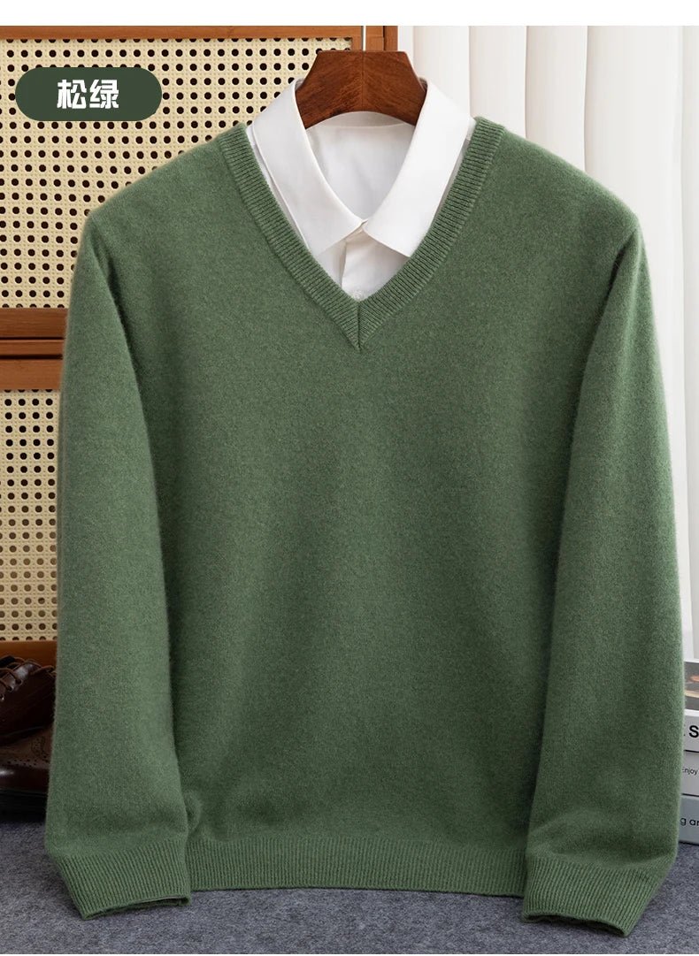 Men 100% Merino Wool Sweater V - Neck Pullover Autumn Winter Cashmere Warm Solid Knitwear Clothes Business Bottoming Soft Tops - PratSN