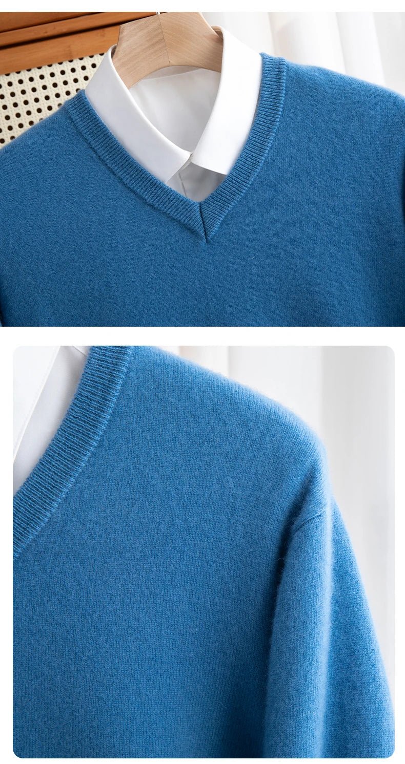 Men 100% Merino Wool Sweater V - Neck Pullover Autumn Winter Cashmere Warm Solid Knitwear Clothes Business Bottoming Soft Tops - PratSN