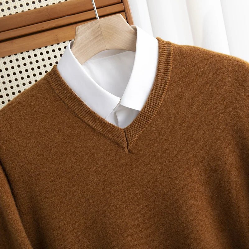 Men 100% Merino Wool Sweater V - Neck Pullover Autumn Winter Cashmere Warm Solid Knitwear Clothes Business Bottoming Soft Tops - PratSN