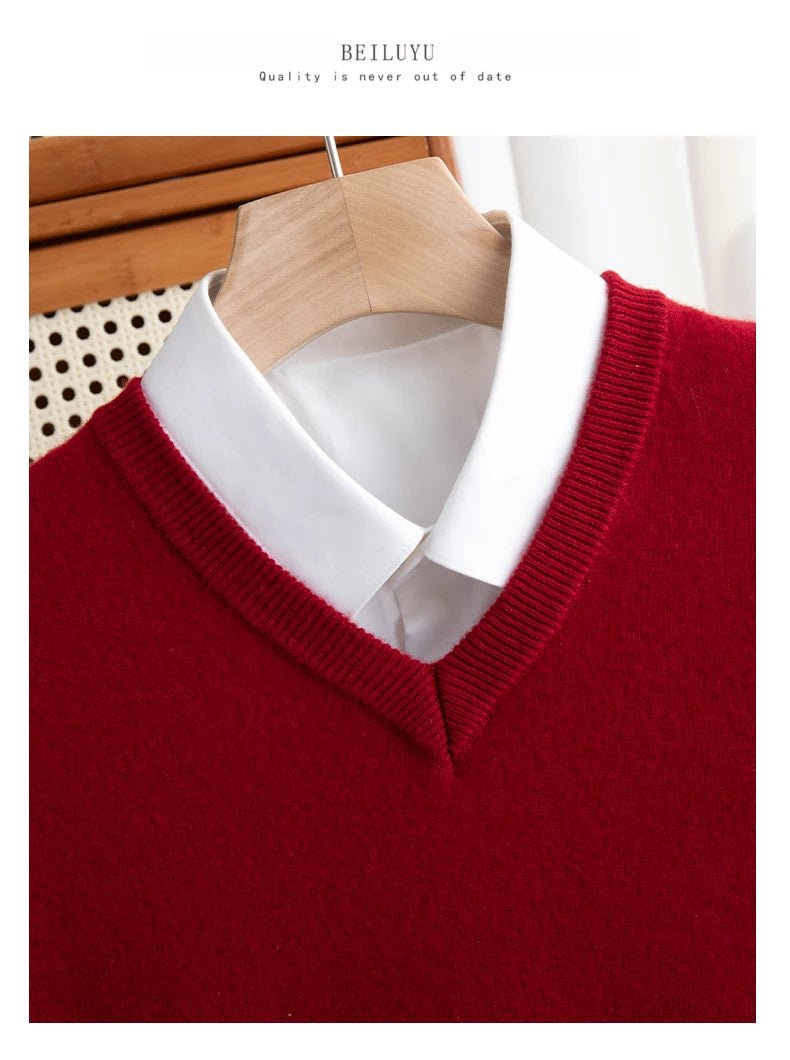 Men 100% Merino Wool Sweater V - Neck Pullover Autumn Winter Cashmere Warm Solid Knitwear Clothes Business Bottoming Soft Tops - PratSN