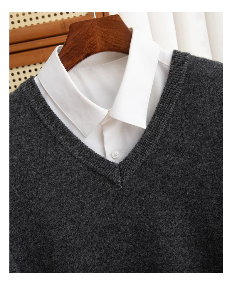 Men 100% Merino Wool Sweater V - Neck Pullover Autumn Winter Cashmere Warm Solid Knitwear Clothes Business Bottoming Soft Tops - PratSN